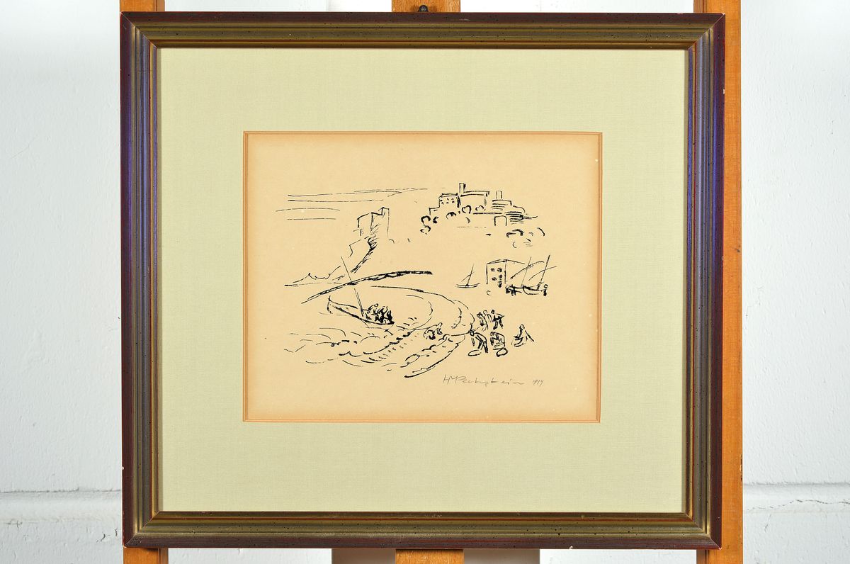 Detail k: Hermann Max Pechstein, 1881-1955, Einholen des Bootes, Lithographie von 1919, rechts unten handsigniert und datiert, leicht gebräunt, Bildausschnitt ...