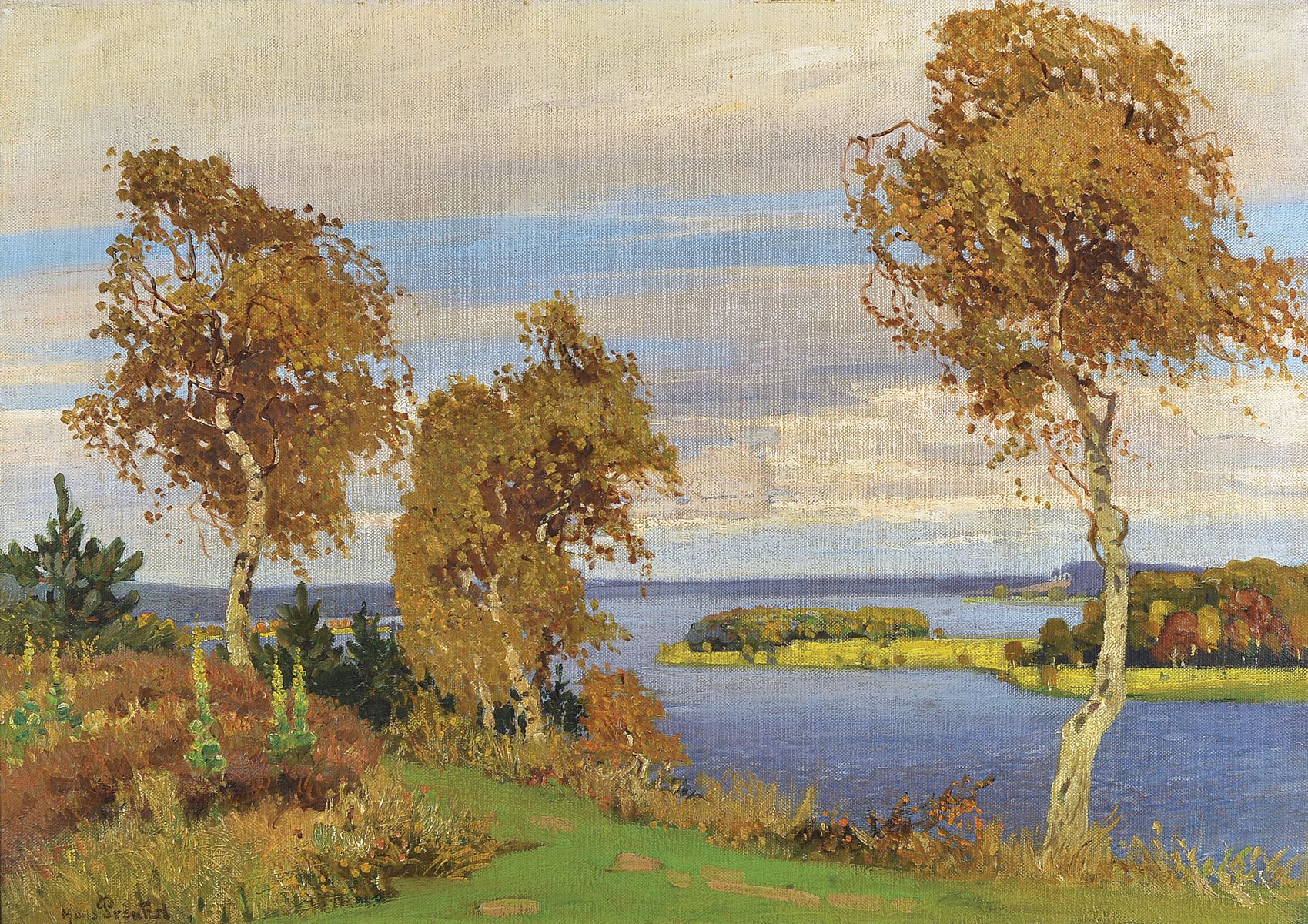 Hans Prentzel, 1880 Berlin-1956 Rothenburg o.d. Tauber, Seeuferlandschaft mit Birken, Öl/Lwd, links unten signiert, ca. 57X77cm, R. ca. 73x92cm