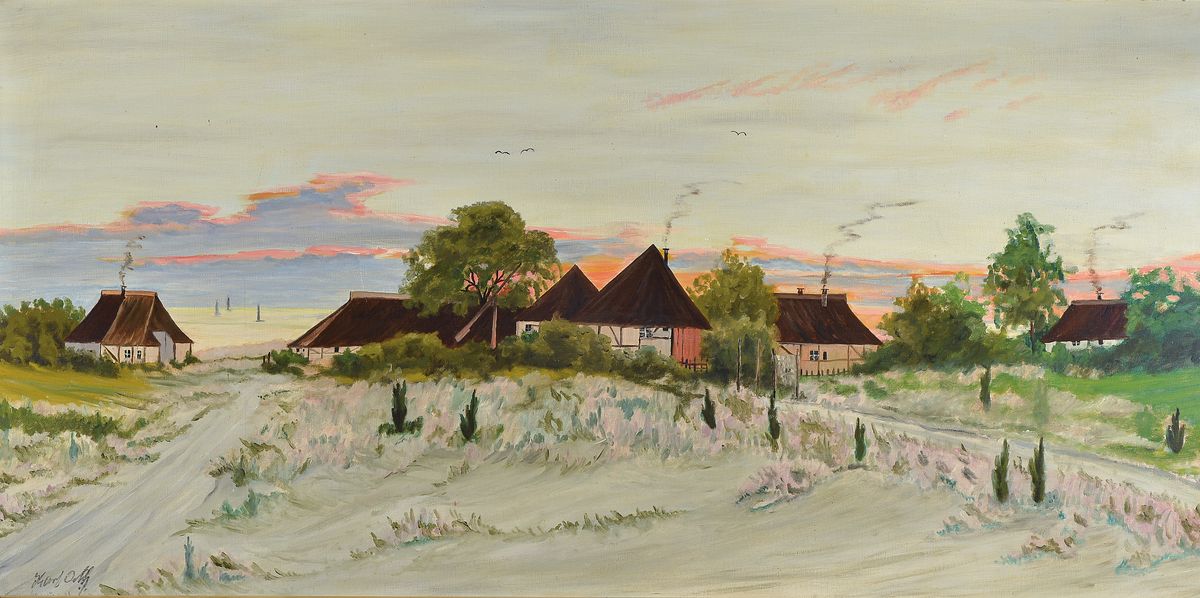 Karl Orth, 1869 Kaiserslautern-1942 Pasing, Norddeutsche Bauernhäuser im Abendrot, Öl/Malplatte, links unten signiert, ca. 60x120cm, R. ca. 74x134cm