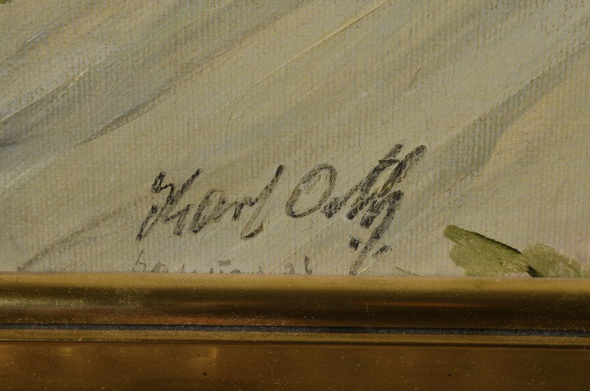 Detail a: Karl Orth, 1869 Kaiserslautern-1942 Pasing, Norddeutsche Bauernhäuser im Abendrot, Öl/Malplatte, links unten signiert, ca. 60x120cm, R. ca. 74x134cm