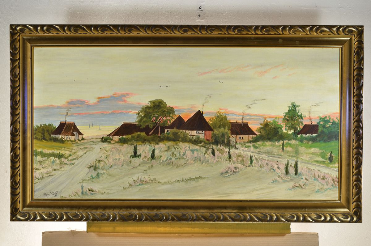 Detail k: Karl Orth, 1869 Kaiserslautern-1942 Pasing, Norddeutsche Bauernhäuser im Abendrot, Öl/Malplatte, links unten signiert, ca. 60x120cm, R. ca. 74x134cm