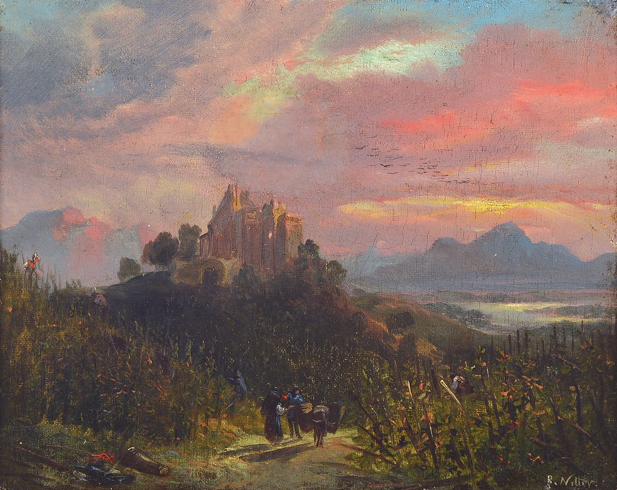 Benjamin Netter, 1811-1881, Weinlese vor einer Burg, Abendstimmung, Öl/Lwd, rest., rechts unten signiert, krakeliert, ca. 18x24cm, R.
