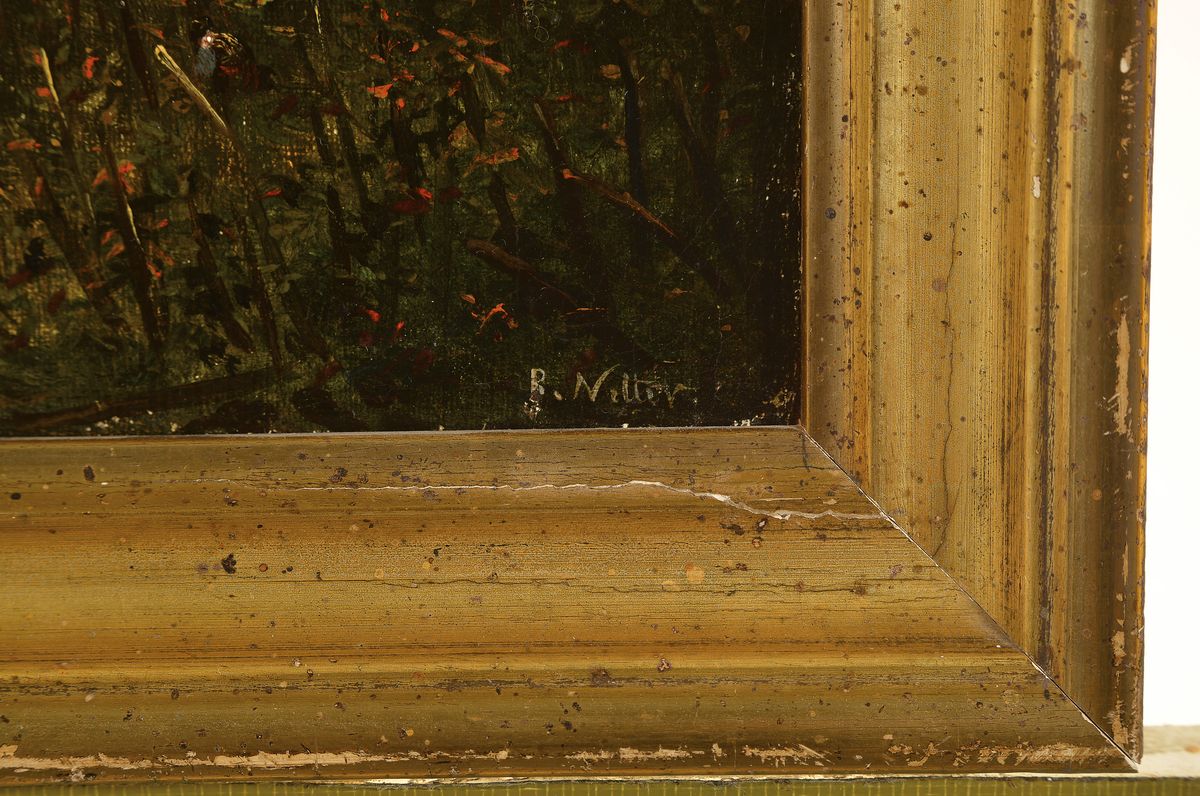 Detail a: Benjamin Netter, 1811-1881, Weinlese vor einer Burg, Abendstimmung, Öl/Lwd, rest., rechts unten signiert, krakeliert, ca. 18x24cm, R.