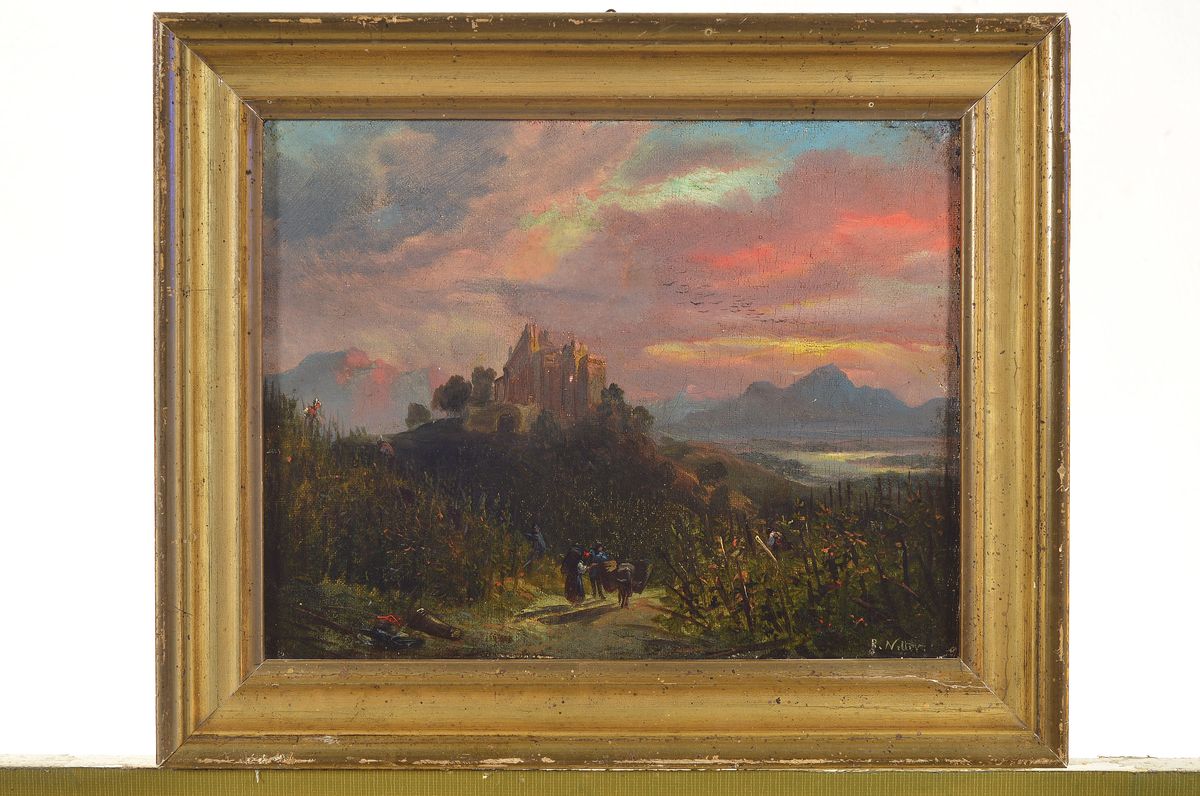 Detail k: Benjamin Netter, 1811-1881, Weinlese vor einer Burg, Abendstimmung, Öl/Lwd, rest., rechts unten signiert, krakeliert, ca. 18x24cm, R.