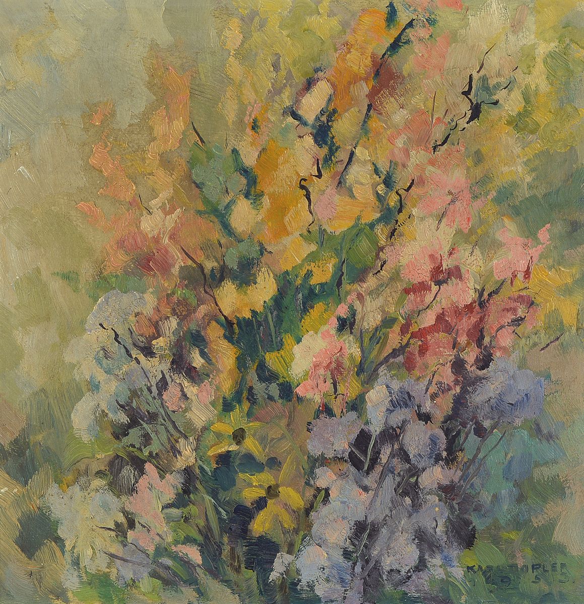 Karl Dopler, 1891-1967 Österreich, blühende Gartenblumen, Öl/Malkarton, rechts unten signiert und dat. 1953, ca.25x25cm, R. ca. 34x34cm