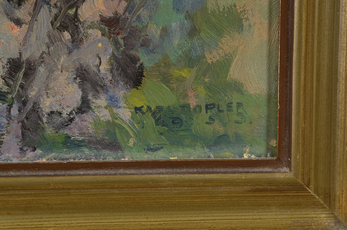 Detail a: Karl Dopler, 1891-1967 Österreich, blühende Gartenblumen, Öl/Malkarton, rechts unten signiert und dat. 1953, ca.25x25cm, R. ca. 34x34cm