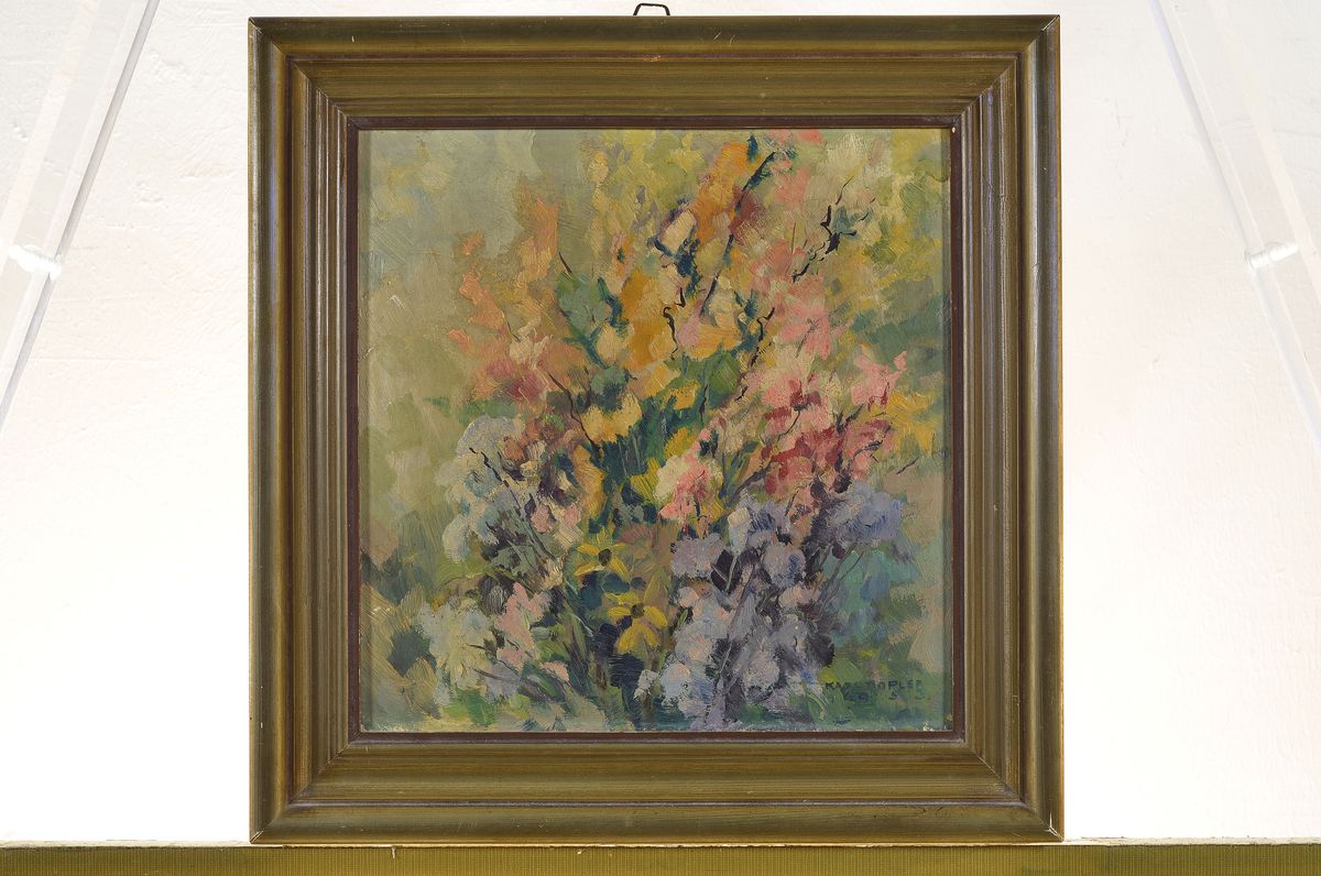Detail k: Karl Dopler, 1891-1967 Österreich, blühende Gartenblumen, Öl/Malkarton, rechts unten signiert und dat. 1953, ca.25x25cm, R. ca. 34x34cm