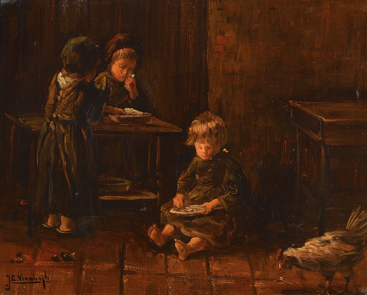 J.C. Verburgh, niederländischer Maler, 19. Jh., Interieur mit spielenden Kindern, Öl/Holz, links unten signiert, ca. 24x30cm, R. ca. 38x45cm