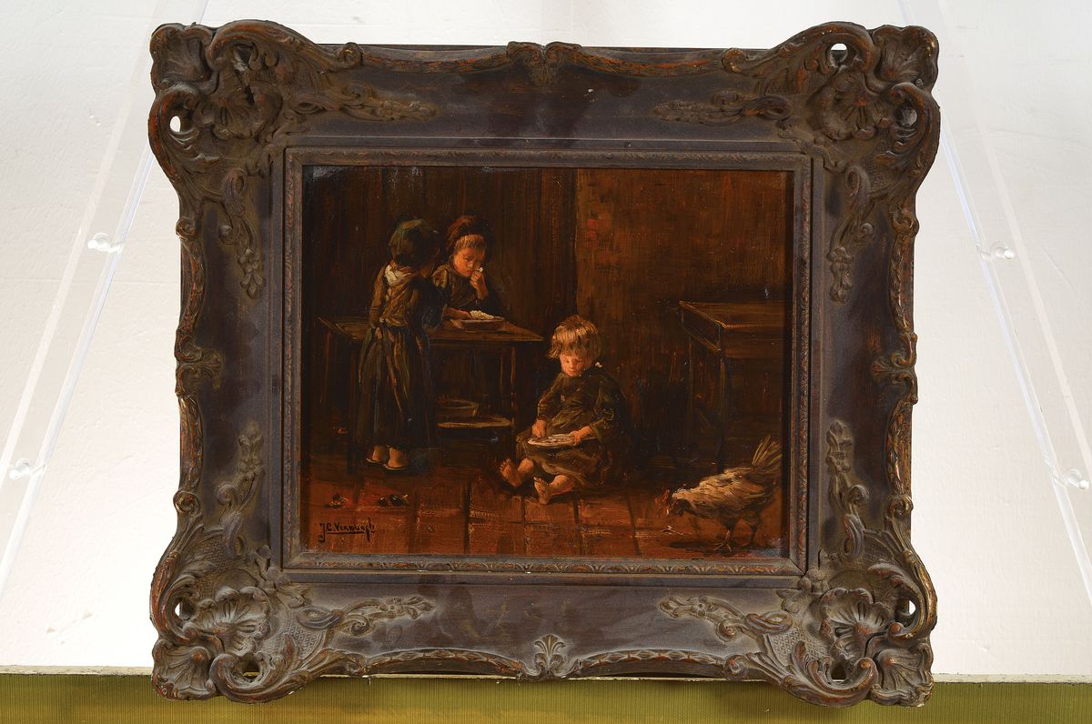 Detail k: J.C. Verburgh, niederländischer Maler, 19. Jh., Interieur mit spielenden Kindern, Öl/Holz, links unten signiert, ca. 24x30cm, R. ca. 38x45cm