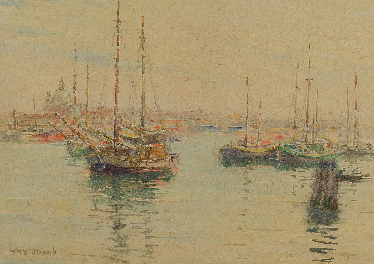 William Holt Titcomb, 1859-1930, Blick auf einen Hafen, wohl Venedig, Aquarell auf Papier, links unten signiert, ca. 25x35cm, PP, u.Gl., R. ca. ...