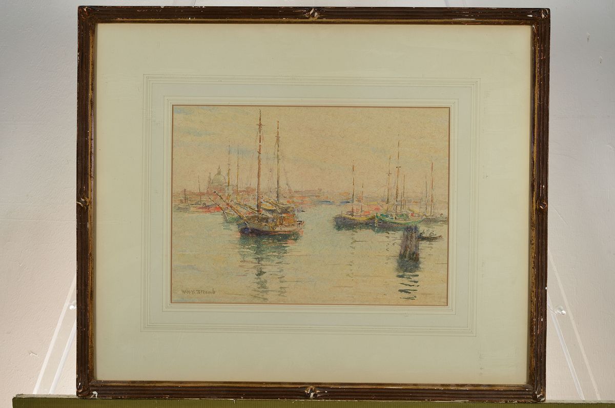 Detail k: William Holt Titcomb, 1859-1930, Blick auf einen Hafen, wohl Venedig, Aquarell auf Papier, links unten signiert, ca. 25x35cm, PP, u.Gl., R. ca. ...