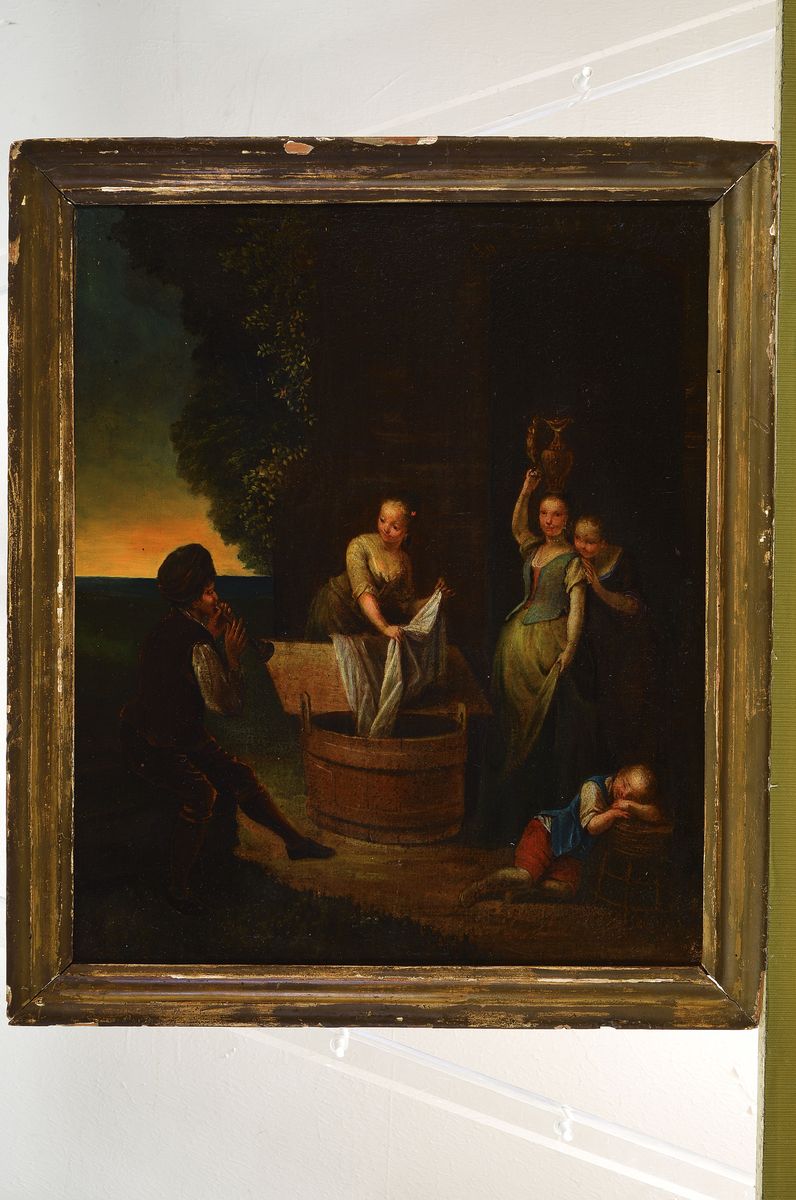 Detail k: Unbekannter Künstler, Frankreich, 2. Hälfte 18. Jh., Wäscherinnen mit Musikant, lasierende Malerei, ältere Restaurierungen, krakeliert, stiltyp. ...