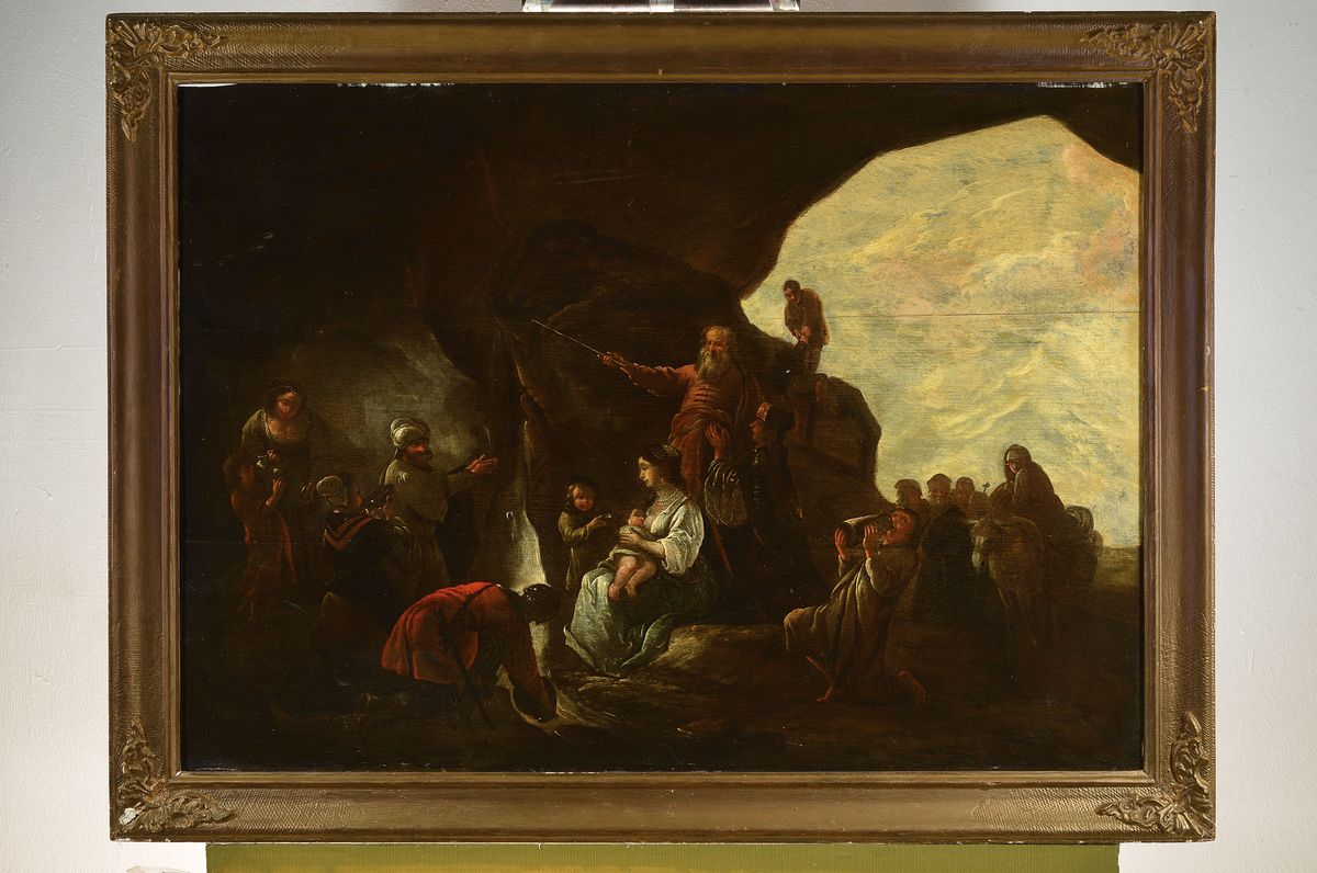 Detail k: Niederländischer Künstler, um 1680, Moses schlägt mit seinem Stab auf den Felsen, (4.Buch Moses 20, 11), Öl/Holz, erzählende Darstellung, alte ...
