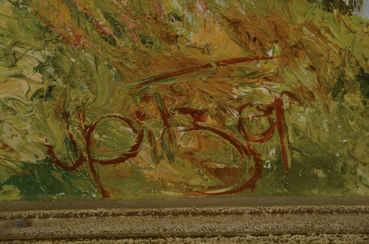 Detail a: Karl Philipp Spitzer, 1887-1954 Speyer, Altrheinlandschaft mit Pappeln am Bachlauf, Öl/Hartfaser, signiert, ca. 82x82cm, R. ca. 97x97cm