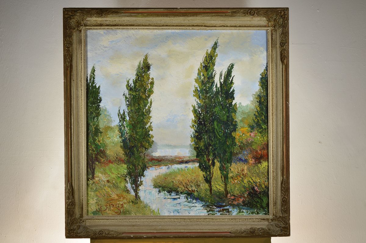 Detail k: Karl Philipp Spitzer, 1887-1954 Speyer, Altrheinlandschaft mit Pappeln am Bachlauf, Öl/Hartfaser, signiert, ca. 82x82cm, R. ca. 97x97cm