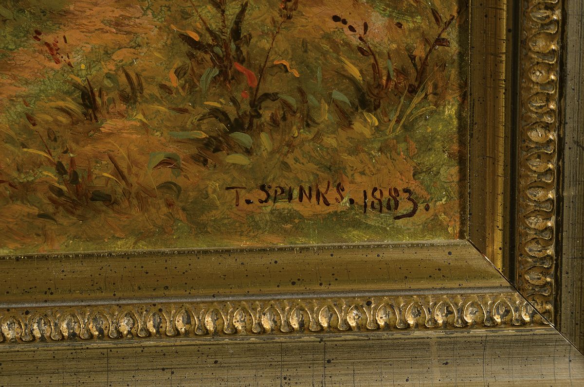 Detail a: Thomas Spinks, 1847-1927, britischer Maler, Landschaft mit Bachlauf, Öl/Lwd, rechts unten signiert und dat. 1883, ca. 31x51cm, R. ca. 39x59cm