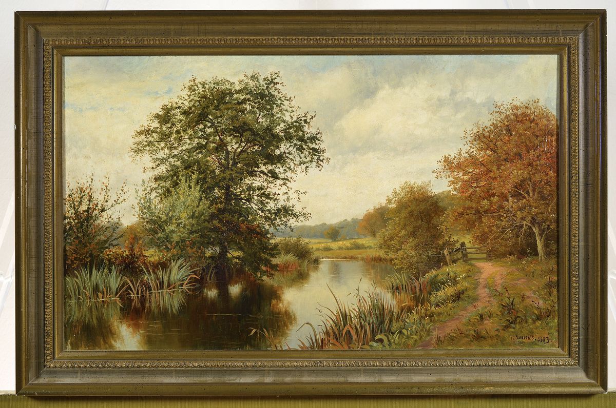 Detail k: Thomas Spinks, 1847-1927, britischer Maler, Landschaft mit Bachlauf, Öl/Lwd, rechts unten signiert und dat. 1883, ca. 31x51cm, R. ca. 39x59cm