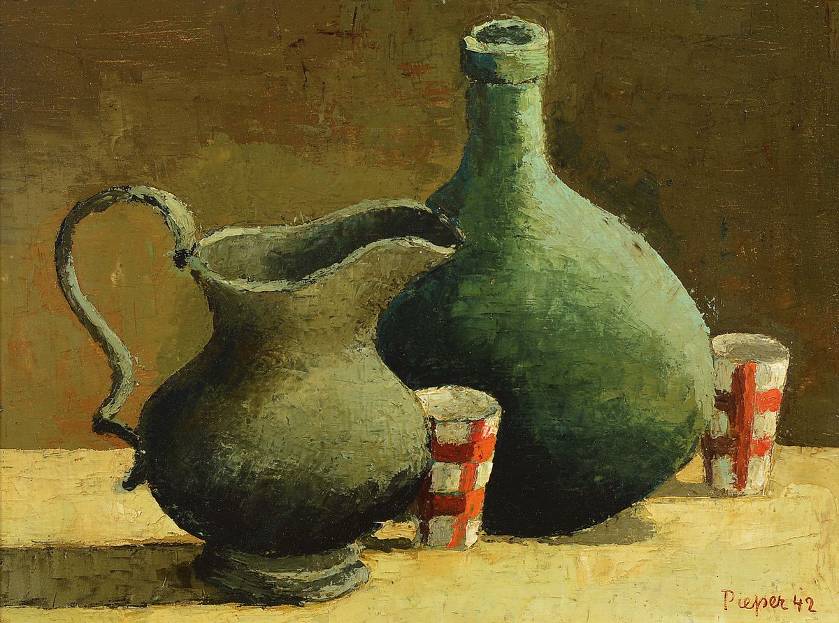 Hermann Pieper, 1909-1964, Stillleben mit Krügen, Öl/Malkarton, rechts unten signiert und at. 42, ca. 26x35cm, R. ca. 36x45cm