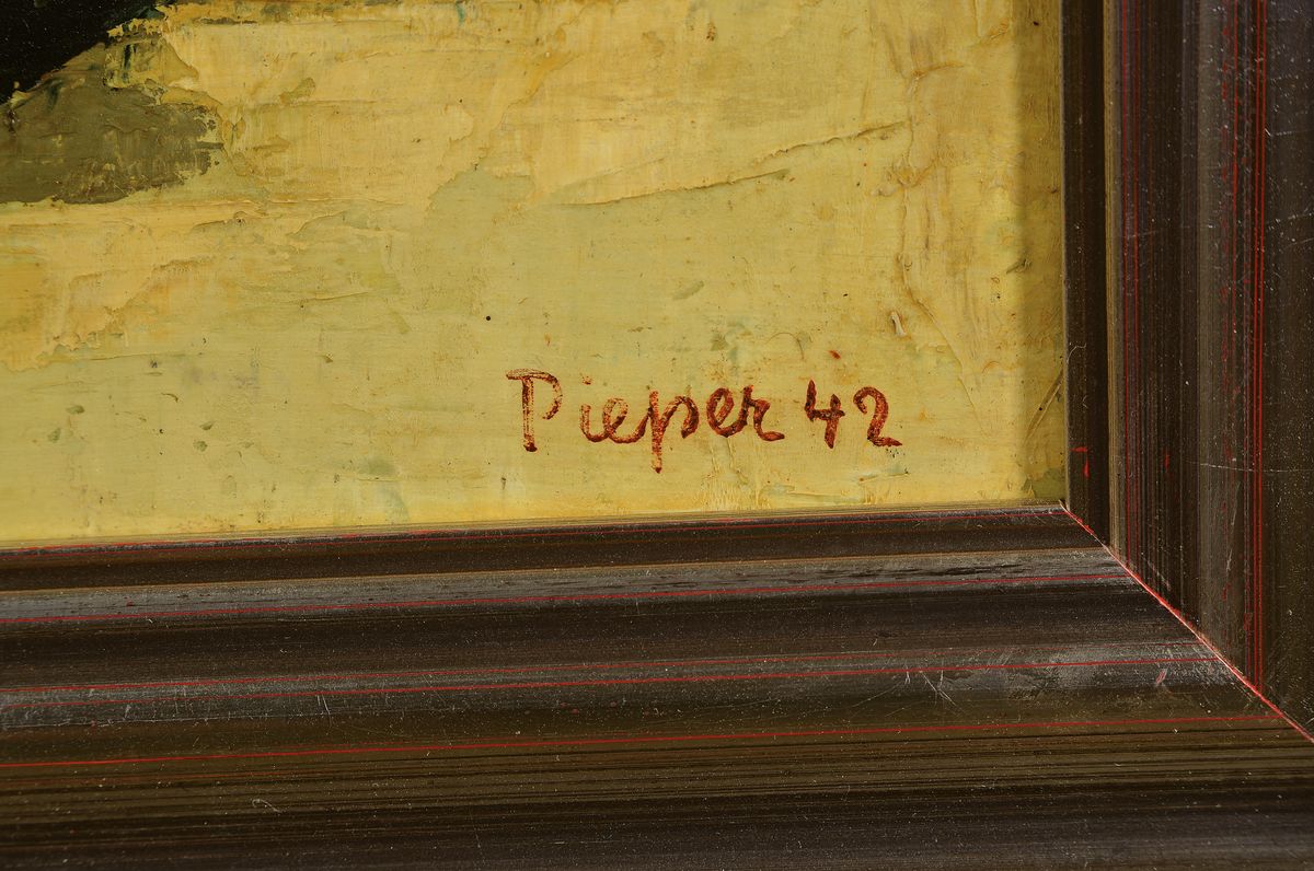 Detail a: Hermann Pieper, 1909-1964, Stillleben mit Krügen, Öl/Malkarton, rechts unten signiert und at. 42, ca. 26x35cm, R. ca. 36x45cm