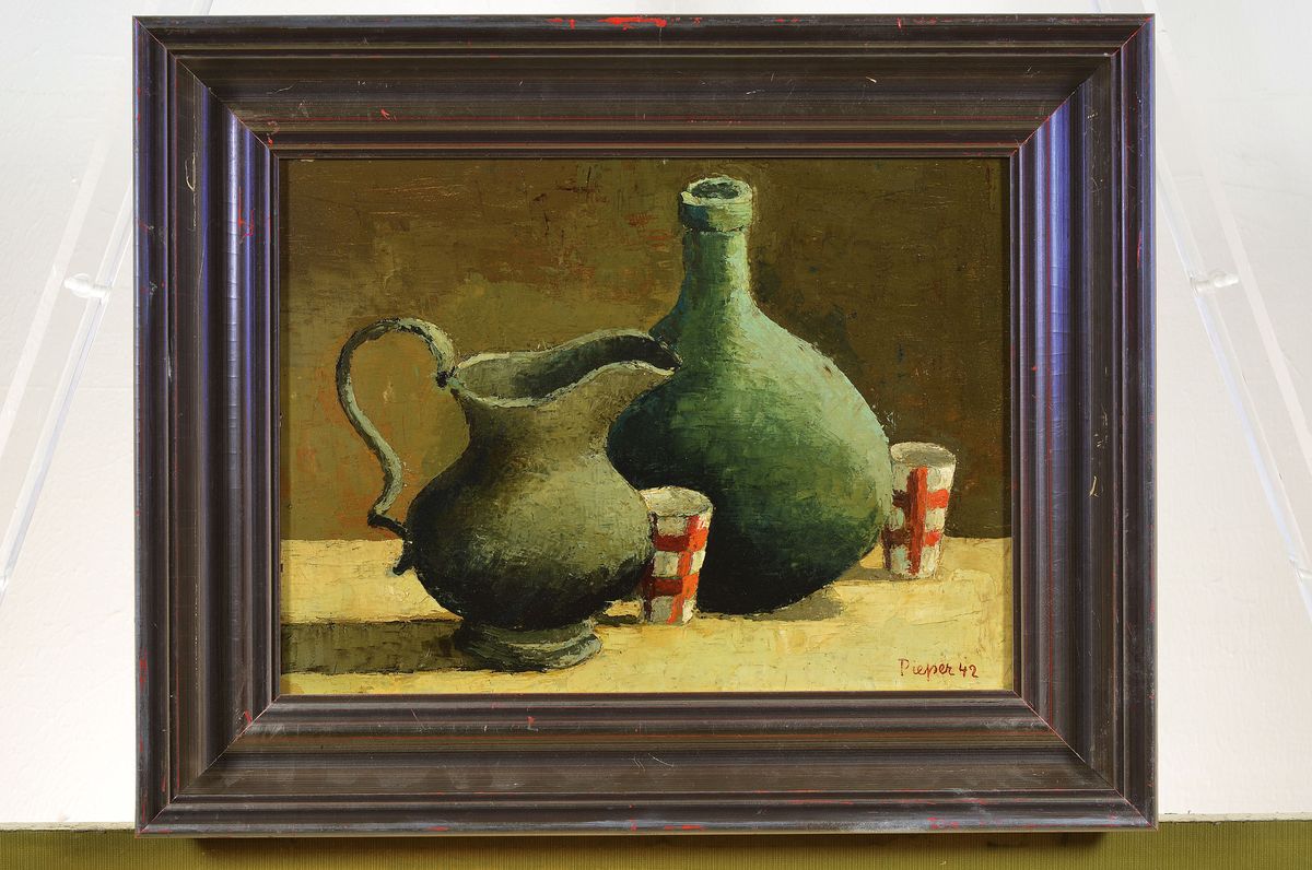 Detail k: Hermann Pieper, 1909-1964, Stillleben mit Krügen, Öl/Malkarton, rechts unten signiert und at. 42, ca. 26x35cm, R. ca. 36x45cm
