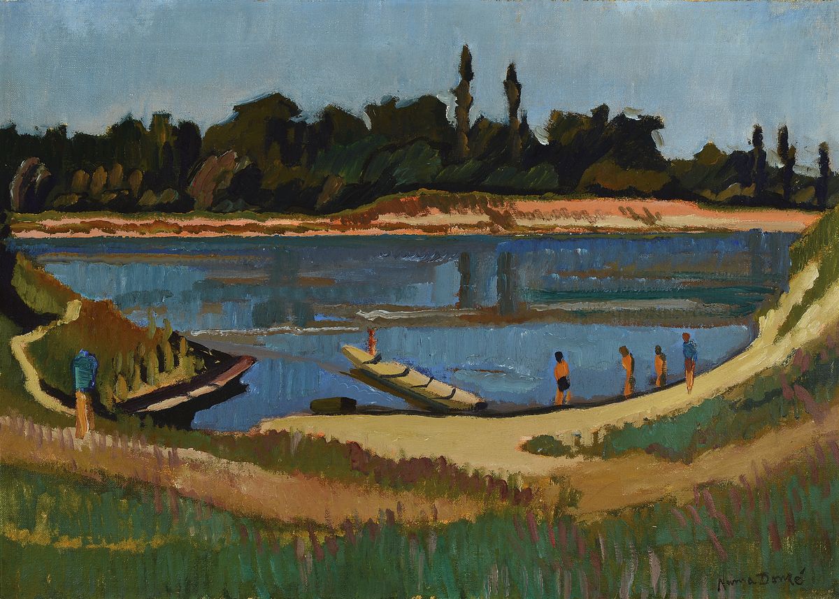 Numa Donzé, 1885 Basel-1952 Riehen, Rheinlandschaft mit Badenden, Öl/Lwd, rechts unten signiert, ca. 62x87cm, R. ca. 71x95cm