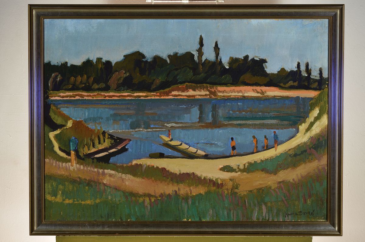Detail k: Numa Donzé, 1885 Basel-1952 Riehen, Rheinlandschaft mit Badenden, Öl/Lwd, rechts unten signiert, ca. 62x87cm, R. ca. 71x95cm