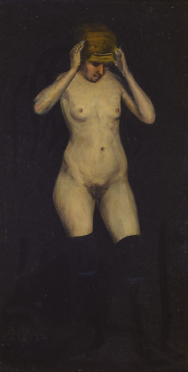 F. Hoffmann, deutscher Maler, um 1900, stehender weiblicher Akt vor schwarzem Hintergrund, mit schwarzen überknielangen Strümpfen, Öl/Malkarton, ...