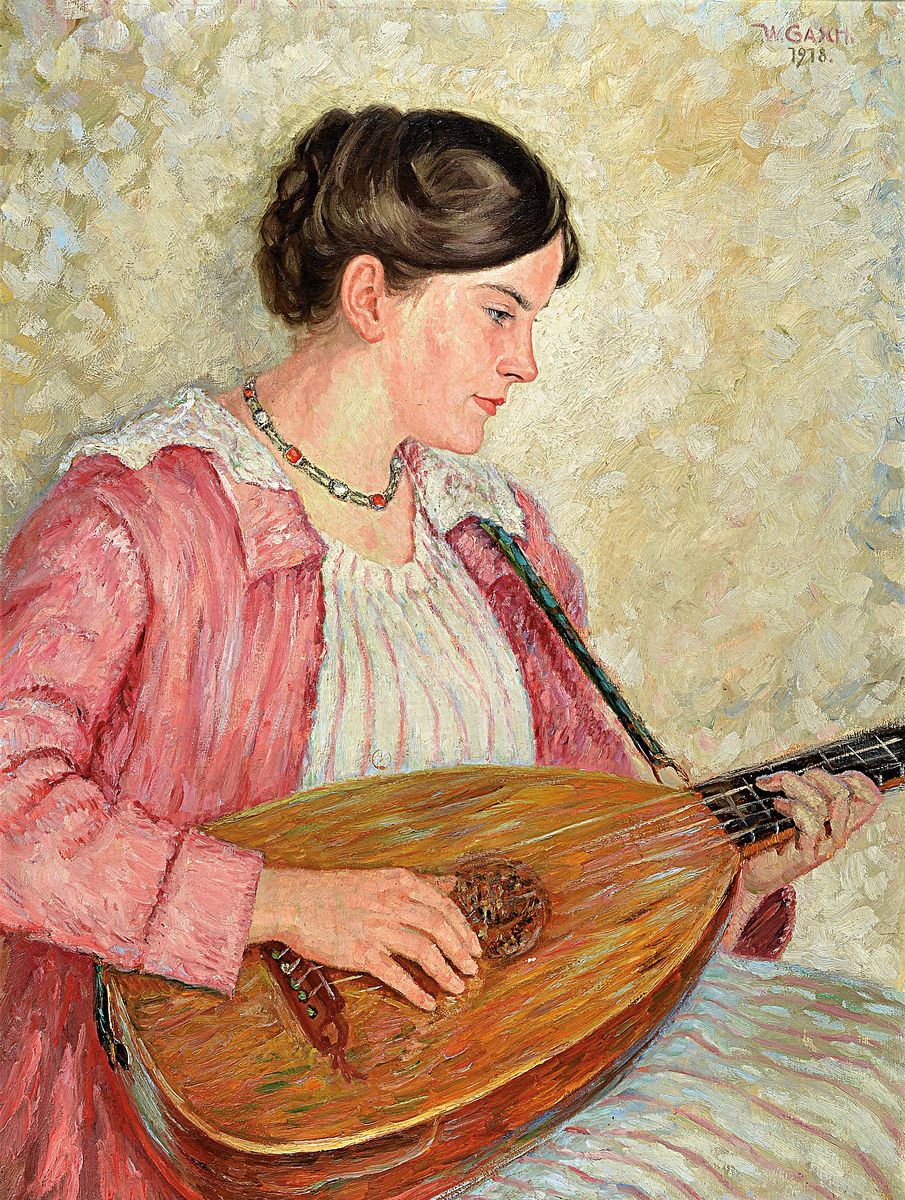 Walther Gasch, 1886 Leipzig-1962 Nentershausen, Porträt einer Lautespielerin, Öl/Lwd, rechts oben signiert und dat. 1918, ca. 80x60cm, R. ca. ...