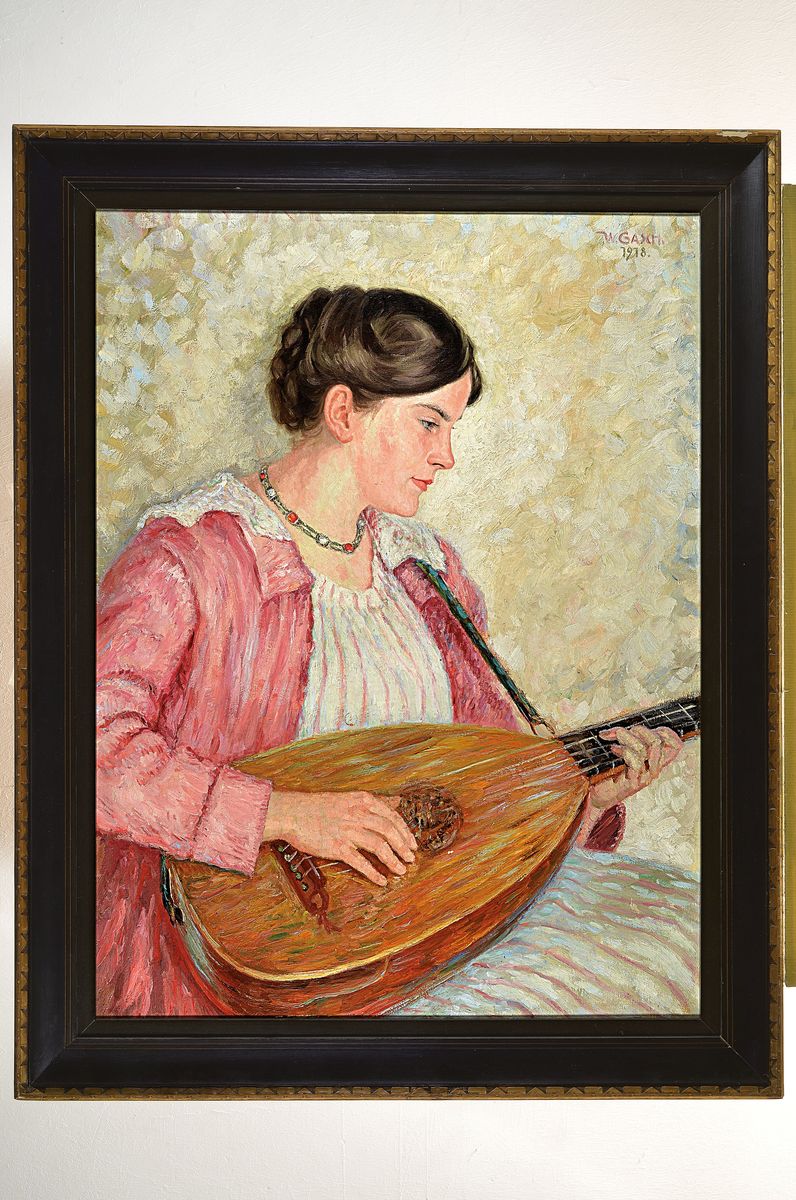 Detail k: Walther Gasch, 1886 Leipzig-1962 Nentershausen, Porträt einer Lautespielerin, Öl/Lwd, rechts oben signiert und dat. 1918, ca. 80x60cm, R. ca. ...