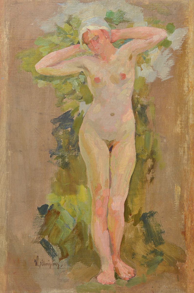 Wilhelm Christens, 1878 Düsseldorf-1964, Stehender weiblicher Akt, Ölstudie auf Malkarton, links unten signiert, ca. 63x41.5cm, R. ca. 72x51cm