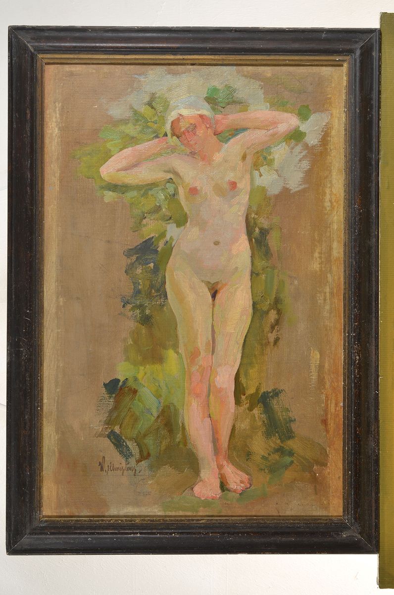 Detail k: Wilhelm Christens, 1878 Düsseldorf-1964, Stehender weiblicher Akt, Ölstudie auf Malkarton, links unten signiert, ca. 63x41.5cm, R. ca. 72x51cm