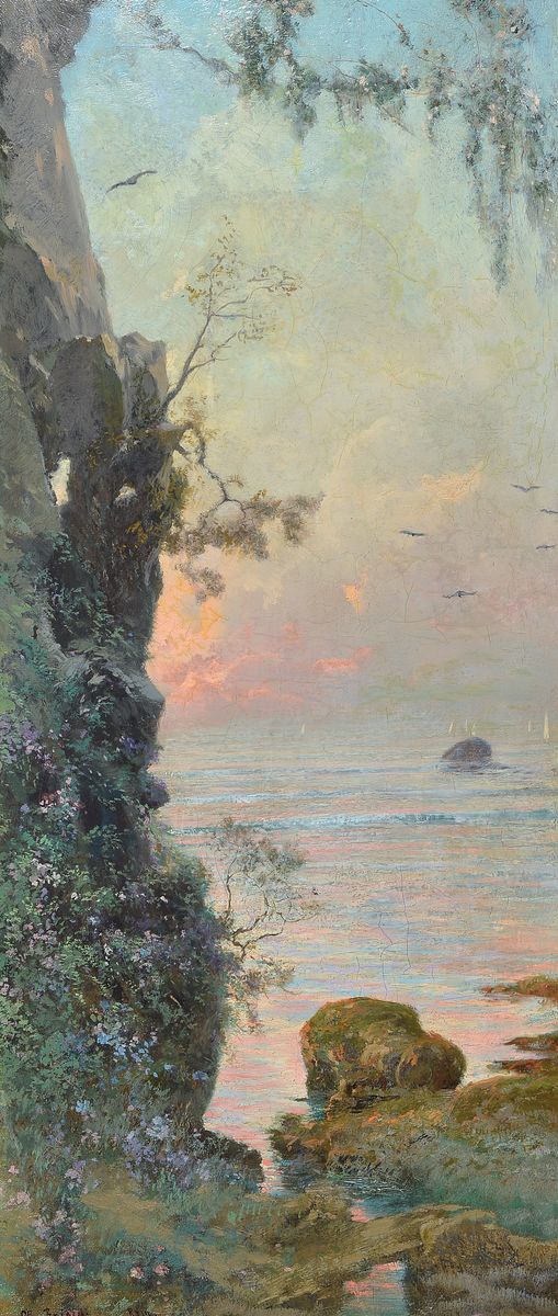 Othmar Brioschi, 1854 Wien-1912 Rom, Studium bei seinem Vater Carlo B. und an der Akademie München bei Quaglio, hier: Italienische Küstenansicht, ...
