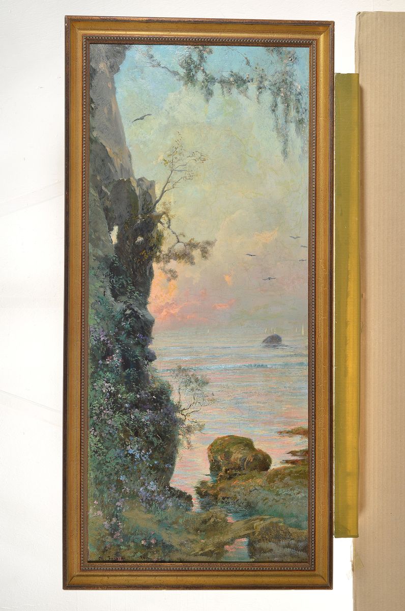 Detail k: Othmar Brioschi, 1854 Wien-1912 Rom, Studium bei seinem Vater Carlo B. und an der Akademie München bei Quaglio, hier: Italienische Küstenansicht, ...