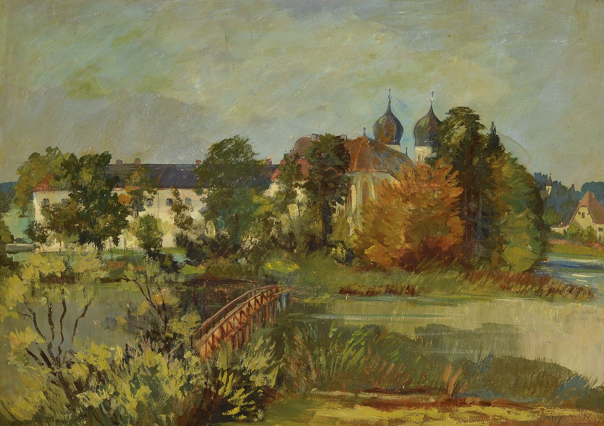 Unbekannter Künstler des 20. Jh., Blick auf das Kloster Seeon, Öl/Malkarton, rechts unten unleserlich signiert, ca. 48x68cm, R. ca. 58x78cm