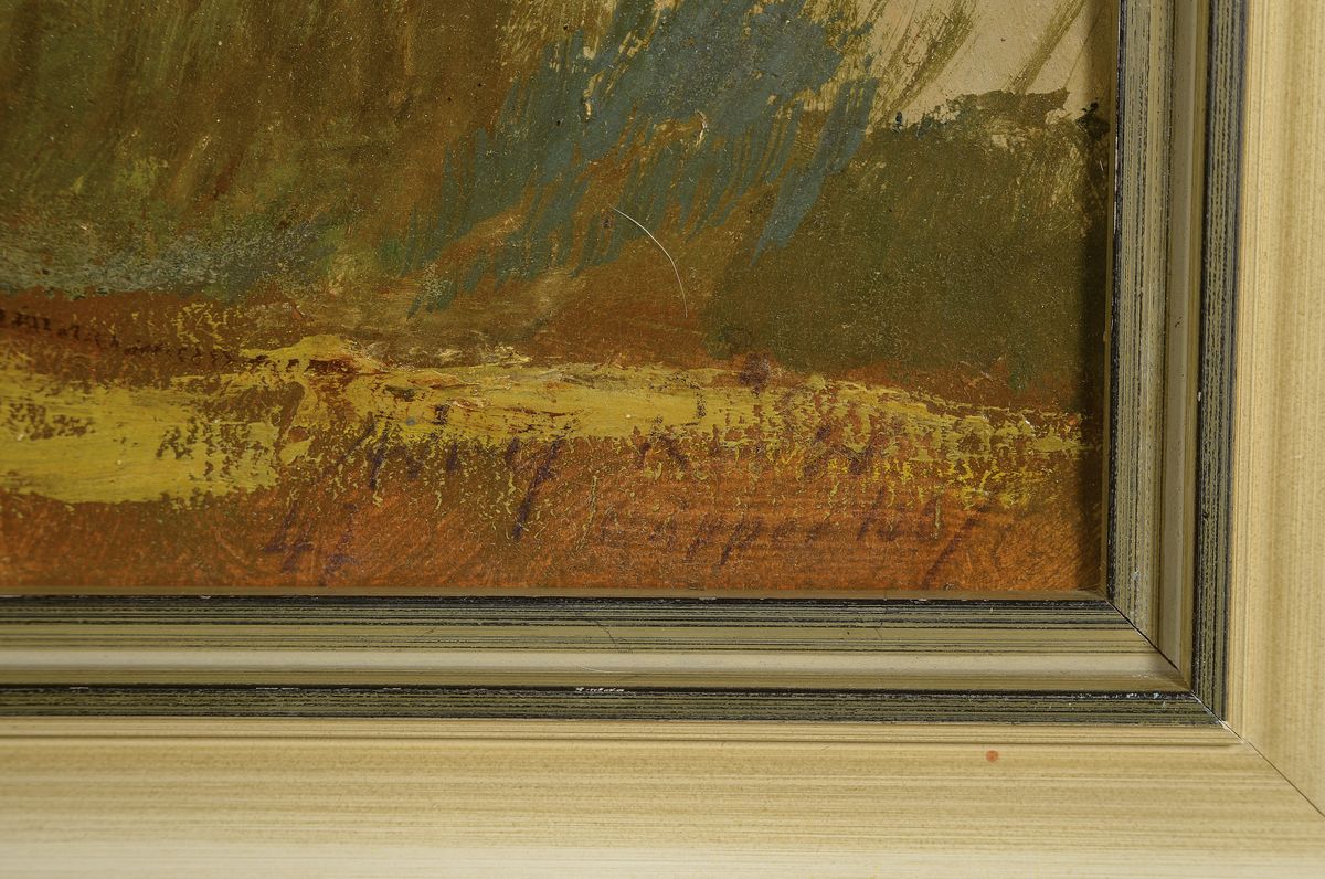 Detail a: Unbekannter Künstler des 20. Jh., Blick auf das Kloster Seeon, Öl/Malkarton, rechts unten unleserlich signiert, ca. 48x68cm, R. ca. 58x78cm