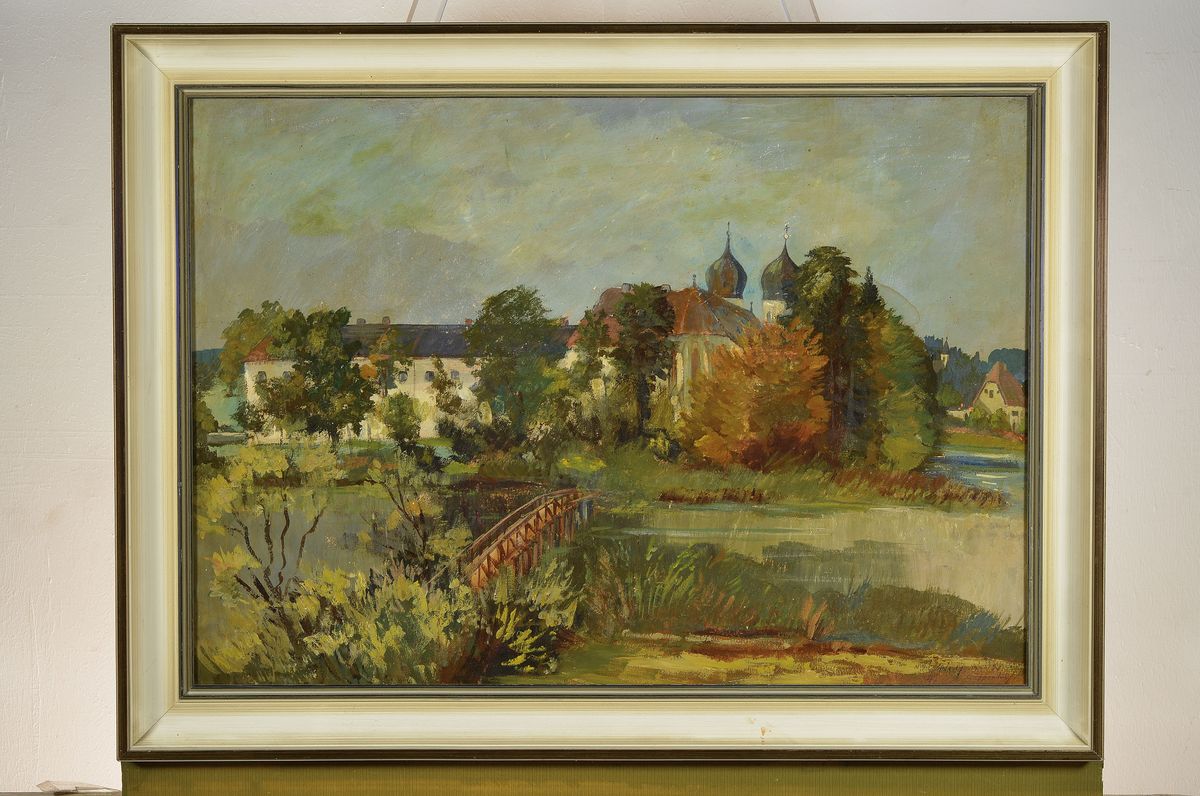 Detail k: Unbekannter Künstler des 20. Jh., Blick auf das Kloster Seeon, Öl/Malkarton, rechts unten unleserlich signiert, ca. 48x68cm, R. ca. 58x78cm