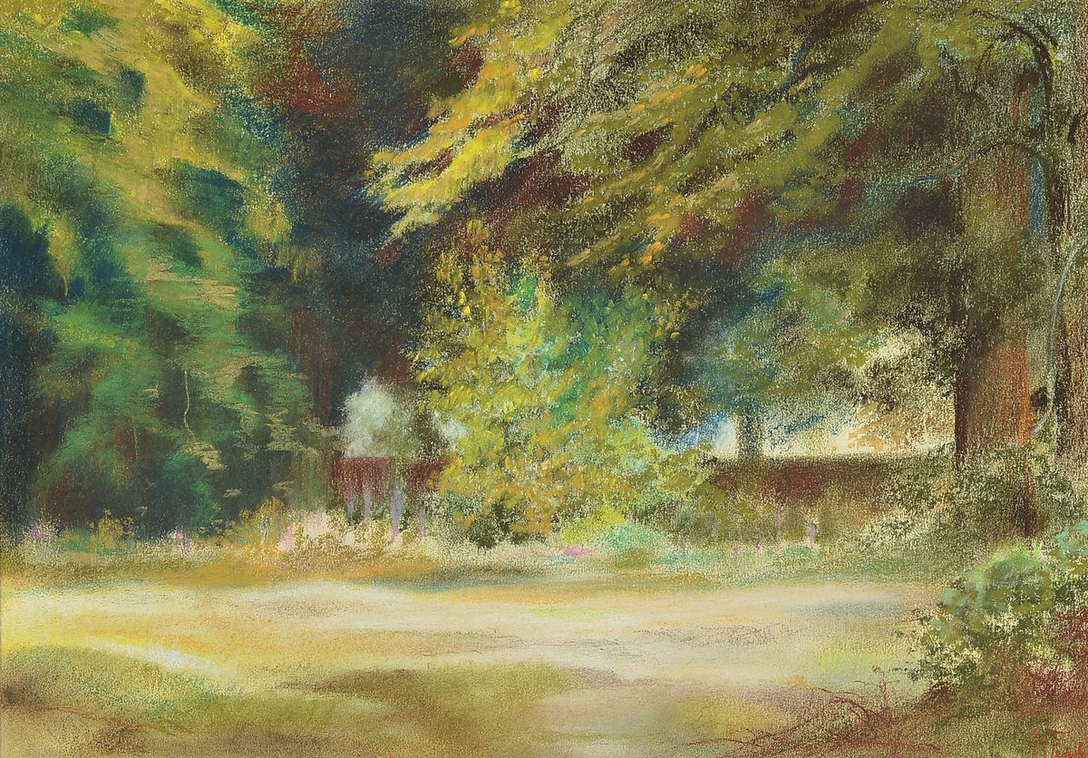 Hanni Franke, 1890 Hochheim-1973 Frankfurt, Parkansicht, Pastell auf Papier, rechts unten signiert, 30x43cm, PP, u.Gl., R. ca. 54x66cm