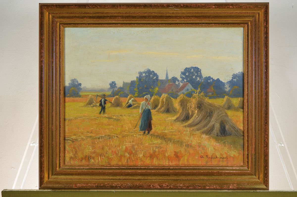 Detail k: Alfred Rasenberger, 1885-1948 Düsseldorf, Bei der Getreideernte, Öl/Lwd, rechts unten signiert, ca. 36x47cm, R. ca. 47x58cm