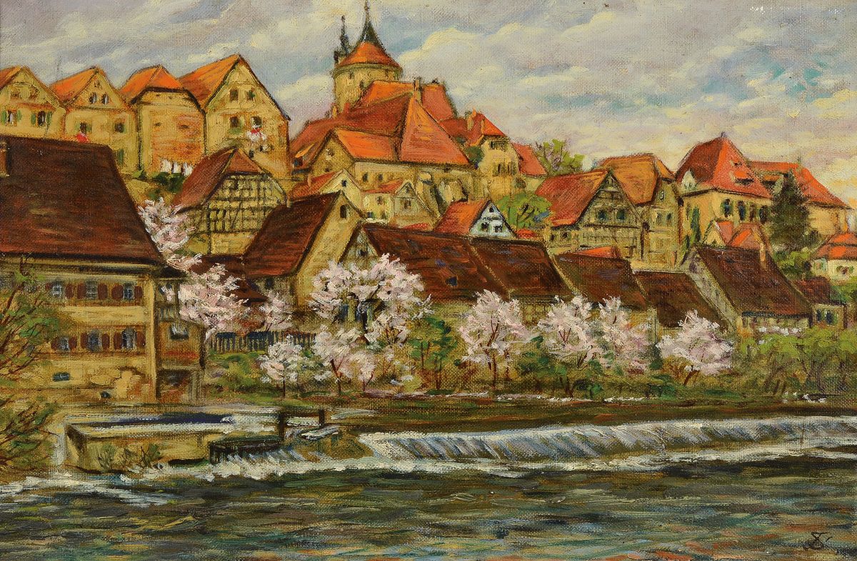Monogrammist JS, 1. Hälfte 20. Jh., Blick auf Besigheim, Öl/Lwd, rechts unten monogr., ca. 30x46cm, R. ca. 37x53cm