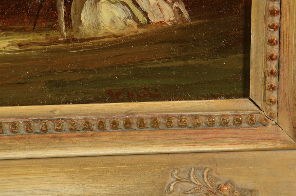 Detail a: Walter Heimig, 1881 Wesel-1955 Bad Ems, Studium an der Akademie Düsseldorf bei E. v. Gebhardt und Claus Meyer, hier: Vornehme Gesellschaft am ...