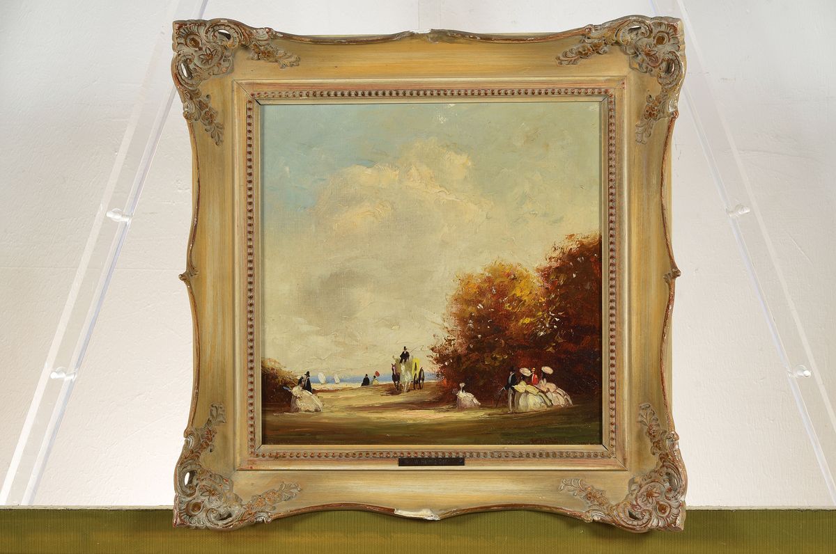 Detail k: Walter Heimig, 1881 Wesel-1955 Bad Ems, Studium an der Akademie Düsseldorf bei E. v. Gebhardt und Claus Meyer, hier: Vornehme Gesellschaft am ...