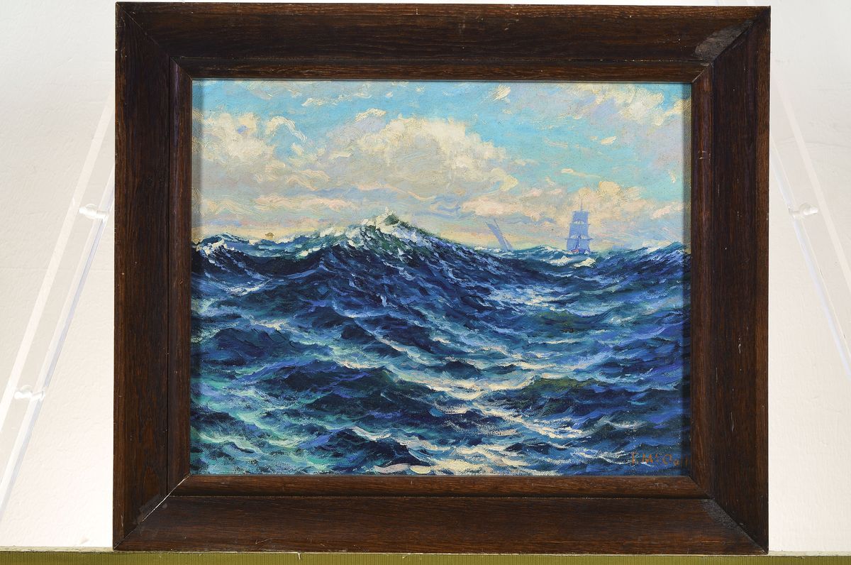 Detail k: Charles James McCall, 1907 Edinburgh-1989 London, Segelschiff auf bewegter See, Öl/ Malkarton, rechts unten signiert, ca. 31x37.5 cm, R. ca. 39x47cm