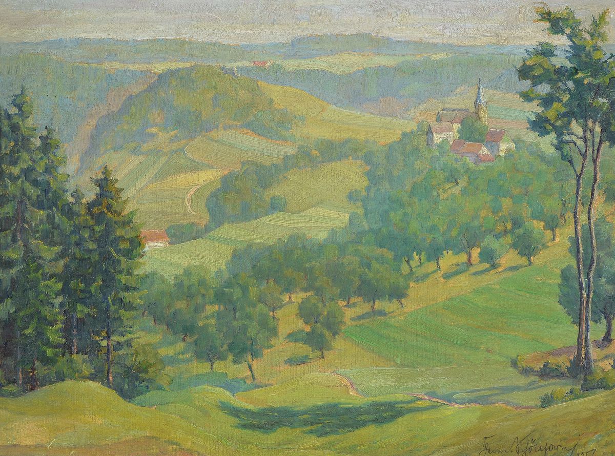 Hermann Schöllhorn, 1883 Heidenheim-1977 Grassau, Landschaft mit Blick auf Dorf und Kirche, Öl/Lwd, rechts unten signiert, rückseitig vom ...