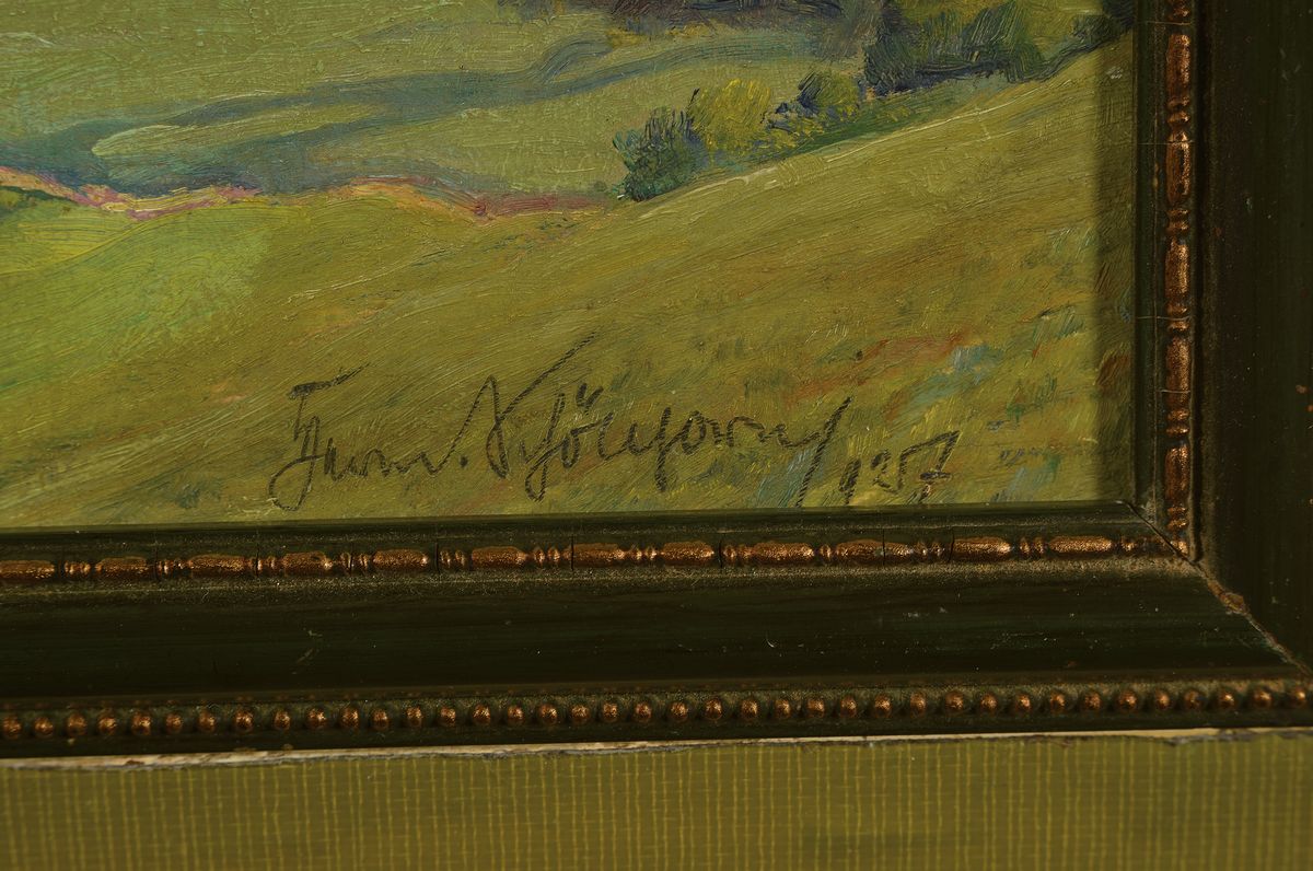 Detail a: Hermann Schöllhorn, 1883 Heidenheim-1977 Grassau, Landschaft mit Blick auf Dorf und Kirche, Öl/Lwd, rechts unten signiert, rückseitig vom ...