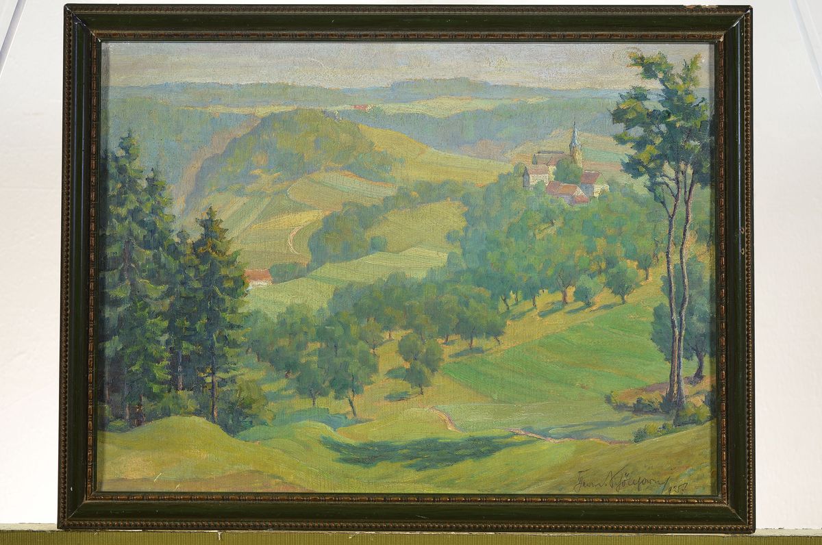 Detail k: Hermann Schöllhorn, 1883 Heidenheim-1977 Grassau, Landschaft mit Blick auf Dorf und Kirche, Öl/Lwd, rechts unten signiert, rückseitig vom ...