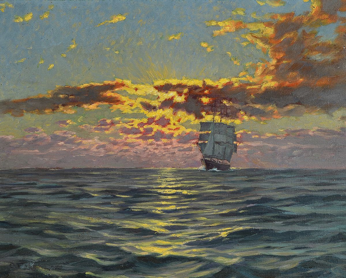 Otto Fikentscher, 1862 Zwickau-1945 Baden-Baden, Abendstimmung auf dem Meer, rückseitig auf dem Keilrahmen so betitelt, Öl/Lwd, links unten schwer ...