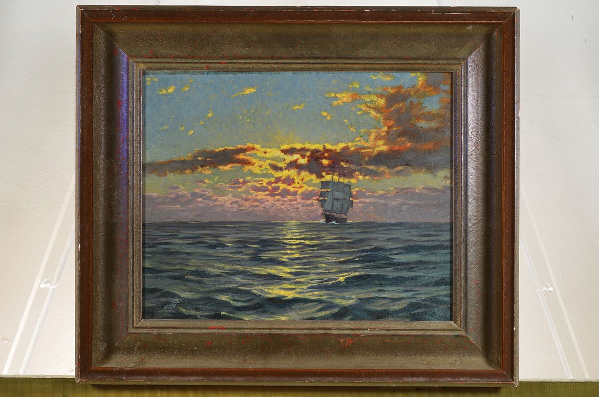Detail k: Otto Fikentscher, 1862 Zwickau-1945 Baden-Baden, Abendstimmung auf dem Meer, rückseitig auf dem Keilrahmen so betitelt, Öl/Lwd, links unten schwer ...