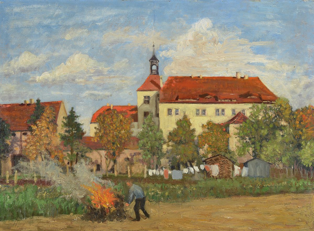 Heinrich Hartung, 1888 Düsseldorf-1966 Koblenz, Schloß im Sommer, Öl/Malkarton, rückseitig betitelt und signiert, ca. 38x 52cm, R. ca. 46x59cm