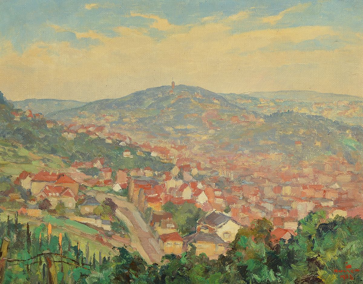 Eugen Kucher, 1876-1946, Stuttgarter Maler, Blick auf Stuttgart, Öl/Malkarton, rechts unten signiert und dat. 33, ca. 32x41cm, R. ca. 41x49cm