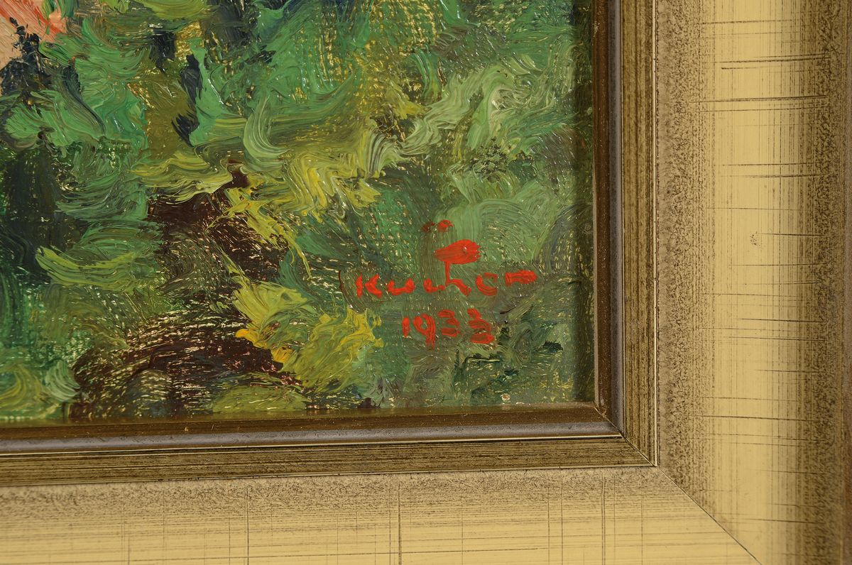 Detail a: Eugen Kucher, 1876-1946, Stuttgarter Maler, Blick auf Stuttgart, Öl/Malkarton, rechts unten signiert und dat. 33, ca. 32x41cm, R. ca. 41x49cm